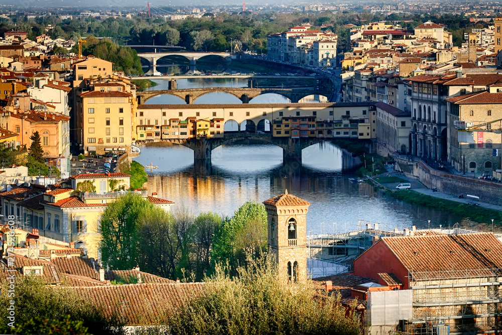 Panorama of Florence with Ponte Vecchio (Old Florence Bridge) on river Arno from Piazzale Michelangelo in Florence, Tuscany, Italy. April 2012