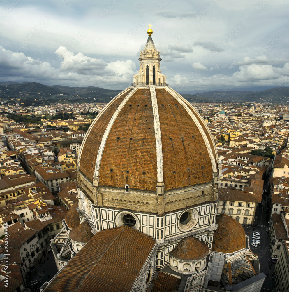 Cathedral Duomo Santa Maria del Fiore dome viewed from the top bell tower Campanile in Florence, Tuscany,  Italy. April 2012