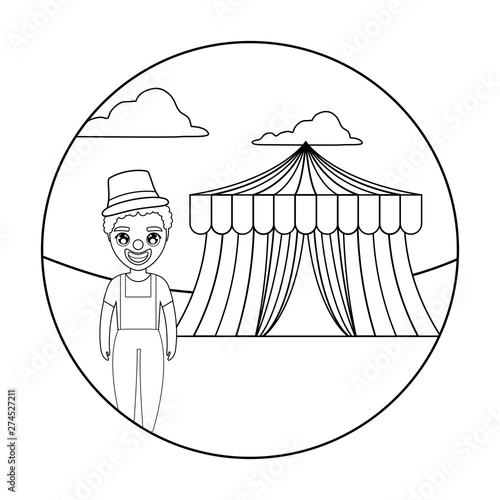 clown with tent of circus in frame circular