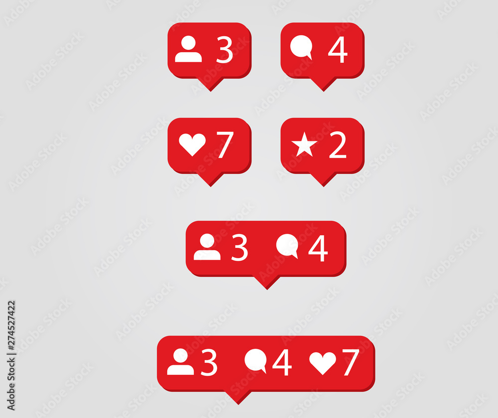 Fototapeta premium Notification balloons for new friend, new comment, added to favorites and marked with a star. Pop up red reminder notice icons in red vector illustration.