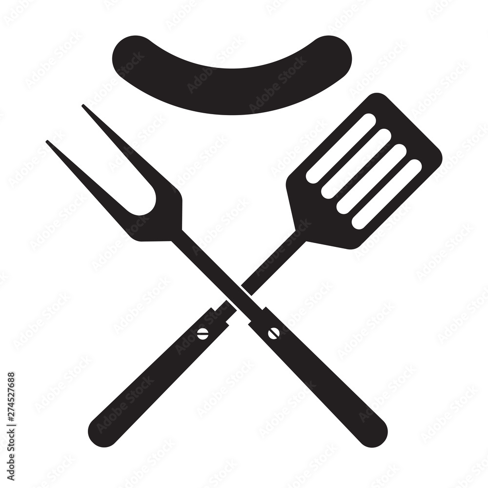 BBQ or grill tools icon. Crossed barbecue fork and spatula with sausage. Symbol template logo. Isolated vector illustration on white background. BBQ or grill tools icon. Crossed barbecue fork and spatula with sausage. Symbol template logo. Isolated vector illustration on white background.