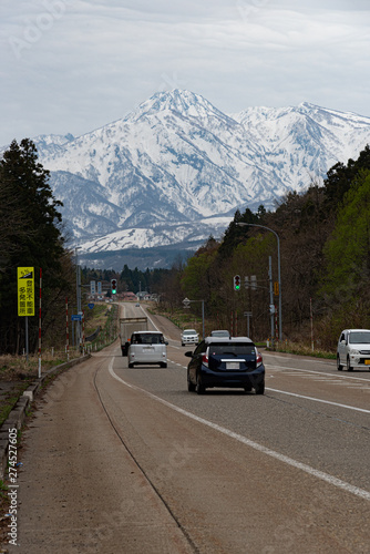 Snowy mountain and national road in Niigata prefecture
