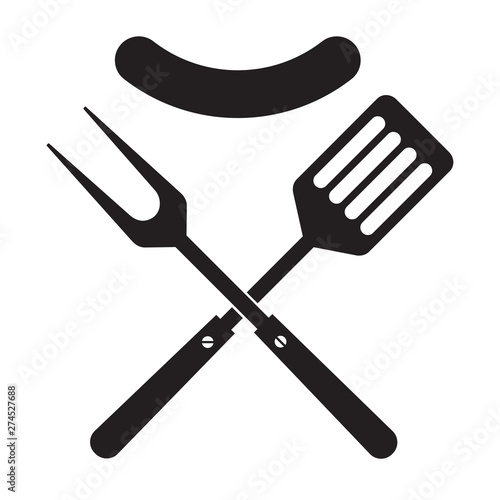 BBQ or grill tools icon. Crossed barbecue fork and spatula with sausage. Symbol template logo. Isolated vector illustration on white background.