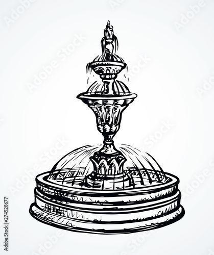 Old round fountain. Vector drawing
