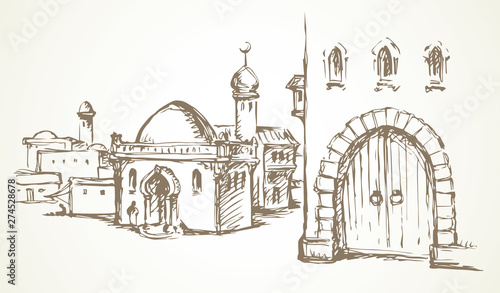 Old eastern city. Vector drawing