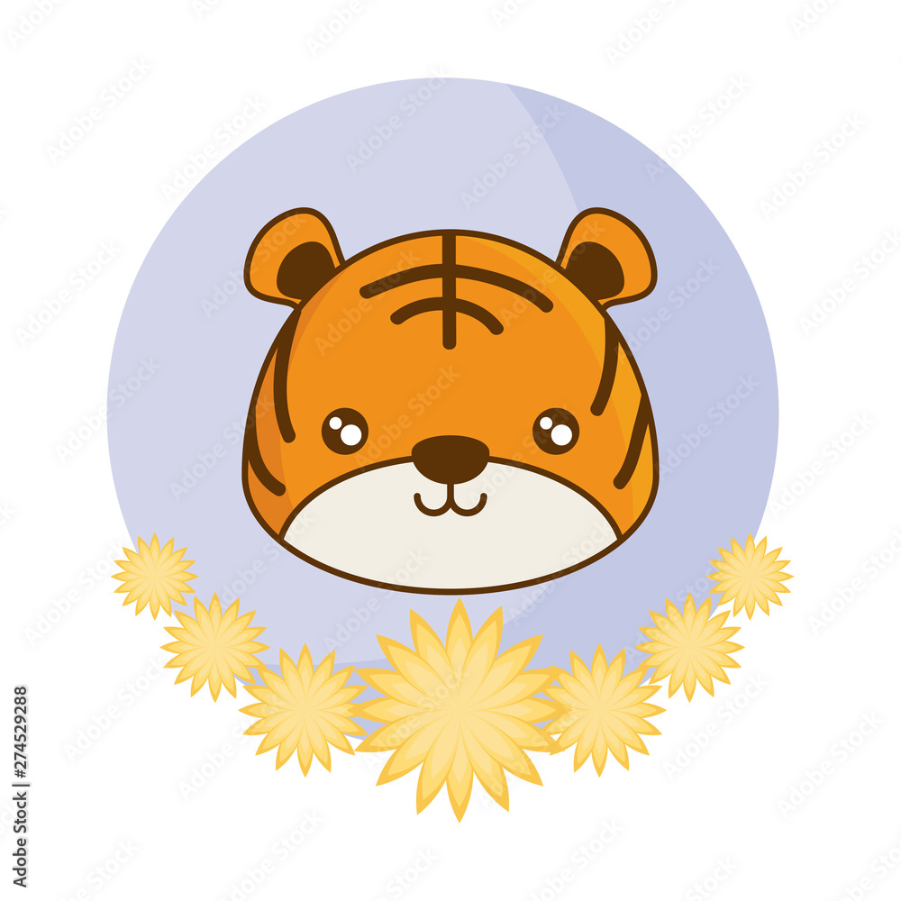 head of cute tiger in frame with flowers head of cute tiger in frame with flowers