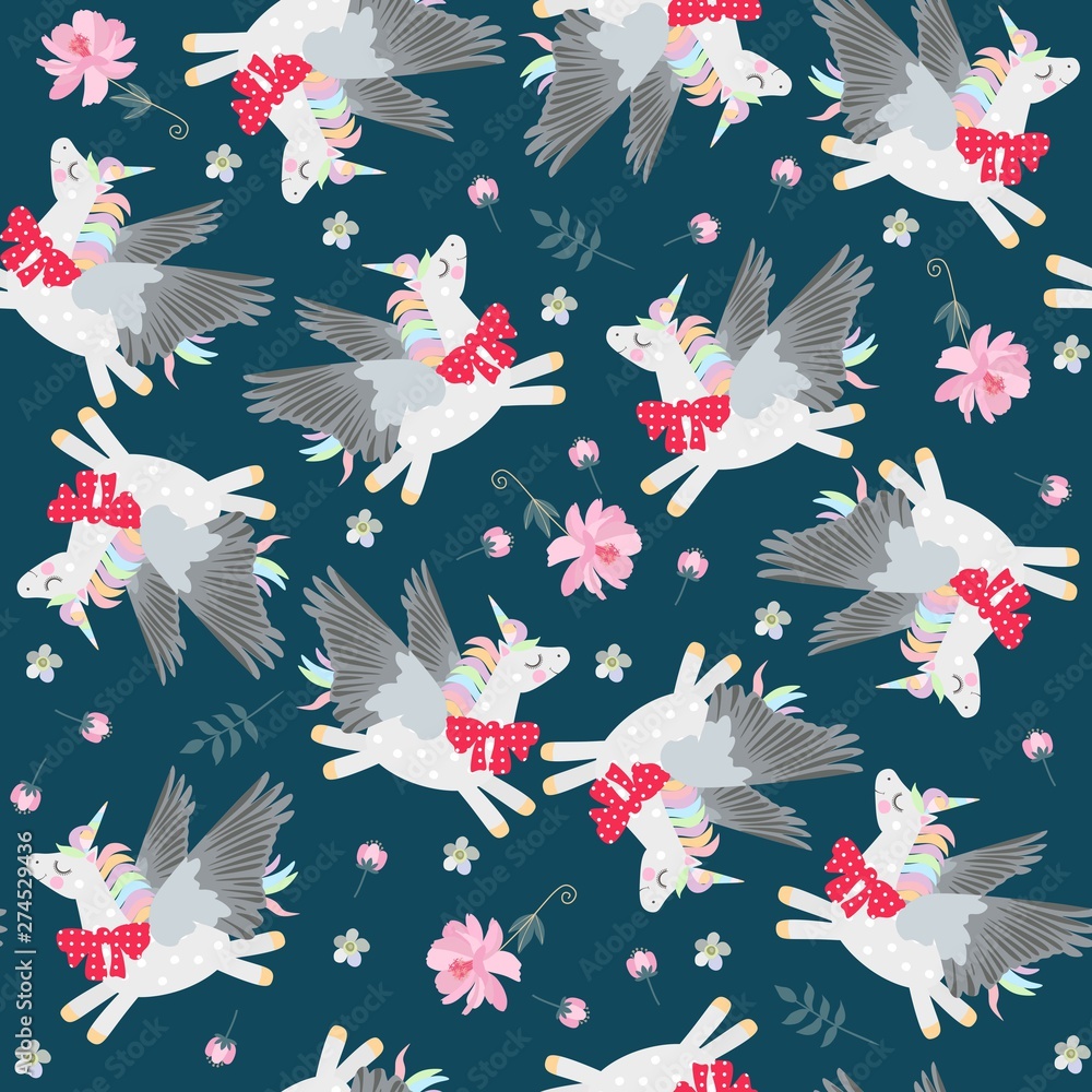 Seamless liberty pattern with cute winged unicorns and pink flowers on dark green background.