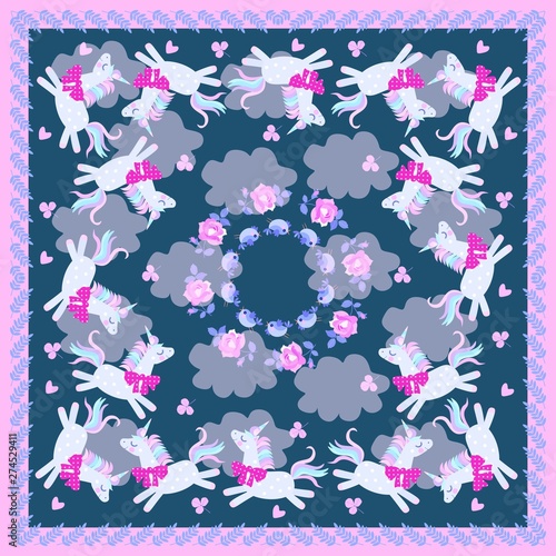 Beautiful bandana print with frolic unicorns, little hearts, funny birds, clouds and rose flowers.