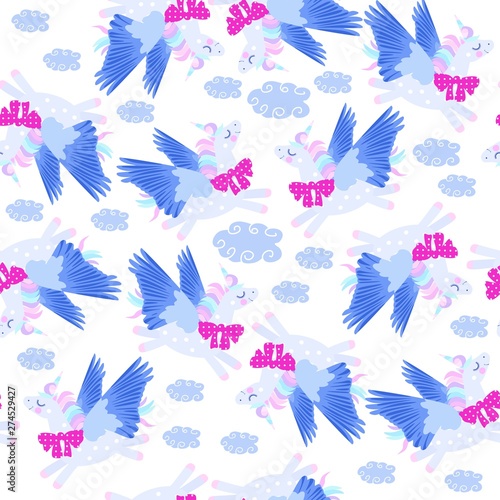 Seamless liberty pattern with cute winged unicorns and blue clouds.