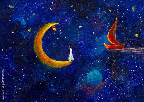 Painting girl on big moon in space meets scarlet sails - flying red ship, illustration for fairy tale, fabulous worlds - modern art impressionism abstract landscape acrylic paint artwork photo