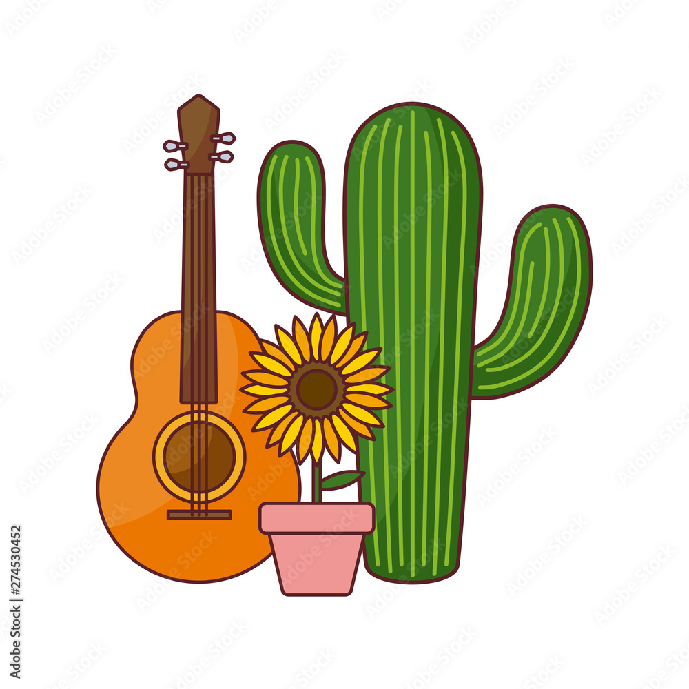 cactus plant with sunflower in pot and guitar cactus plant with sunflower in pot and guitar