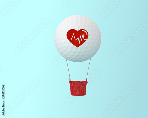 Big hot air balloon golf concepts on blue pastel background. minimal creative concept. happy holiday flying balloons. Design sports and recreation concept.
