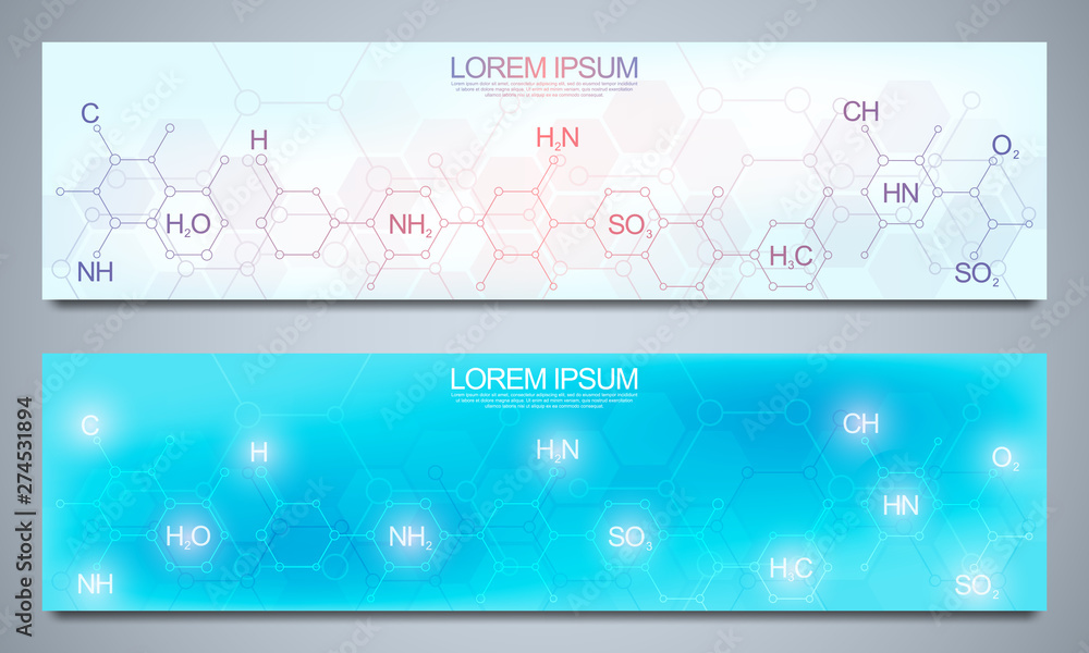 Banners design template and headers for site with abstract chemistry background and chemical formulas. Science and innovation technology concept. Decoration website and other ideas.