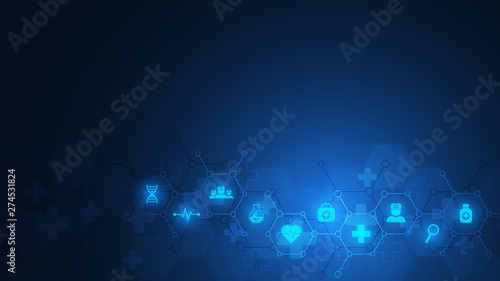 Abstract medical background with flat icons and symbols. Template design with concept and idea for healthcare technology, innovation medicine, health, science and research.