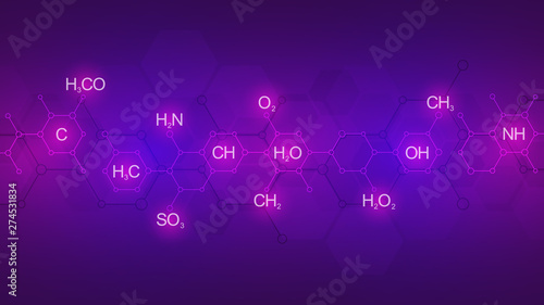 Abstract chemistry pattern on purple background with chemical formulas and molecular structures. Template design with concept and idea for science and innovation technology.