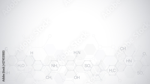 Abstract chemistry pattern on soft grey background with chemical formulas and molecular structures. Template design with concept and idea for science and innovation technology.