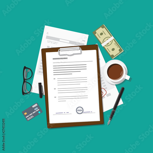 Flat realistic business agreement concept. Office objects, paper with notepad and ink fountain pen. Coffee cup, stack of money with glasses. Workspace brainstorm illustration.