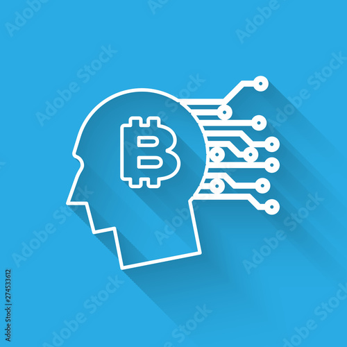 White Bitcoin think line icon isolated with long shadow. Cryptocurrency head. Blockchain technology, bitcoin, digital money market, cryptocoin wallet. Vector Illustration