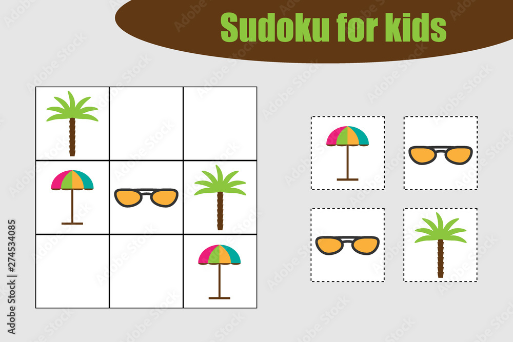 First Sudoku Game With Summer Beach Pictures For Children Easy Level 