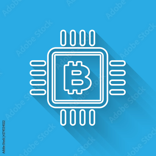 White CPU mining farm line icon isolated with long shadow. Bitcoin sign inside microchip. Cryptocurrency mining community. Digital money. Vector Illustration