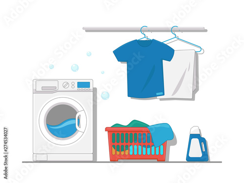 Illustration of interior equipment of laundry room with washing machine, hanger, clean clothes, laundry basket. Flat style.