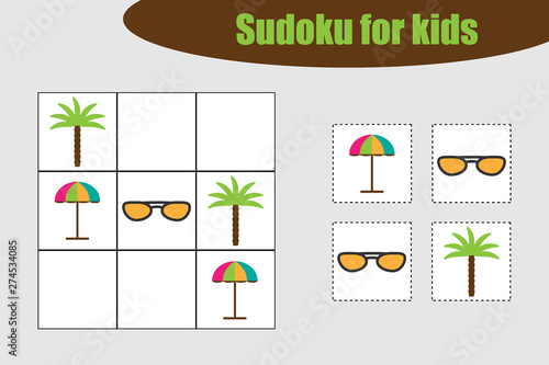 First Sudoku game with summer beach pictures for children, easy level, education game for kids, preschool worksheet activity, task for the development of logical thinking, vector illustration