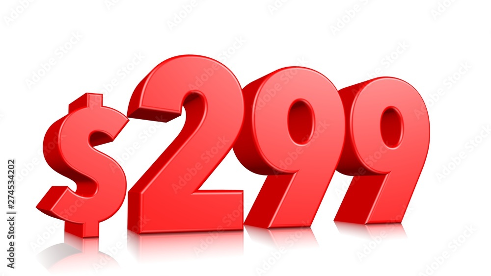 299$ Two hundred ninety nine price symbol. red text number 3d render with dollar sign on white background 299$ Two hundred ninety nine price symbol. red text number 3d render with dollar sign on white background