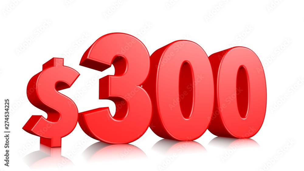 $300 Three hundred price symbol. red text number 3d render with dollar sign on white background $300 Three hundred price symbol. red text number 3d render with dollar sign on white background