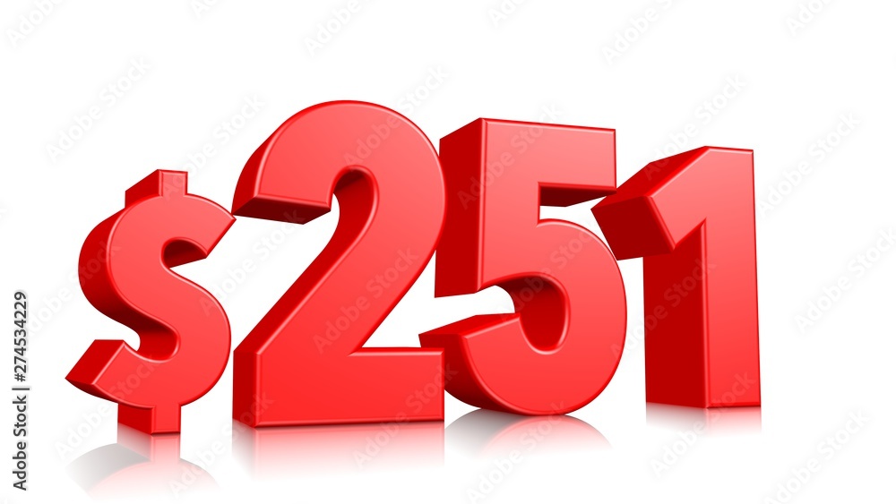 251$ Two hundred and fifty one price symbol. red text number 3d render with dollar sign on white background 251$ Two hundred and fifty one price symbol. red text number 3d render with dollar sign on white background