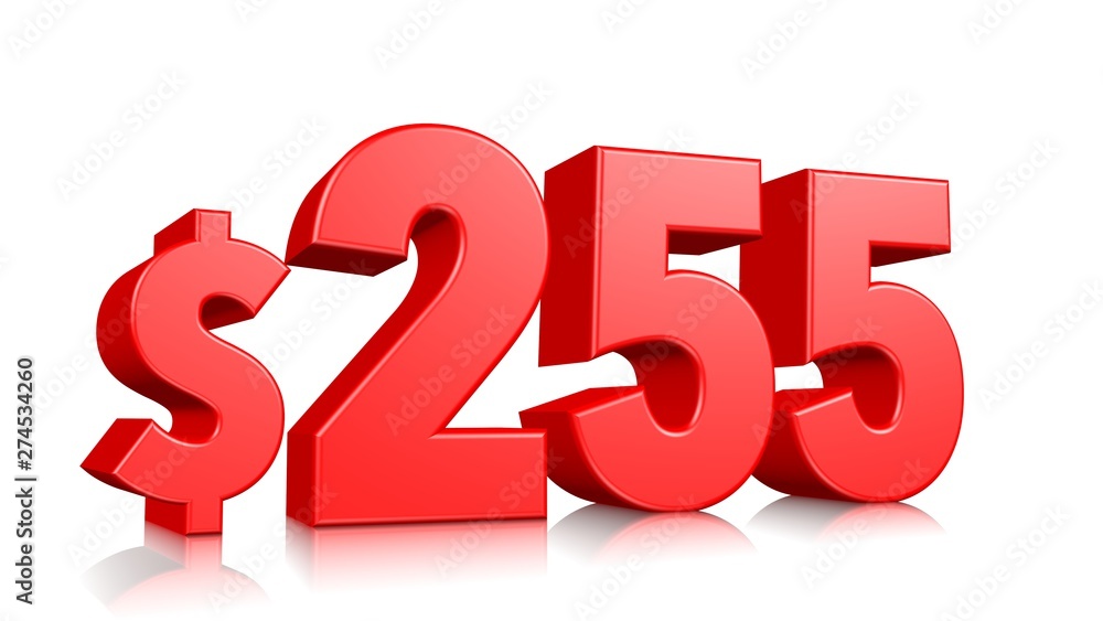 255$ Two hundred and fifty five price symbol. red text number 3d render with dollar sign on white background 255$ Two hundred and fifty five price symbol. red text number 3d render with dollar sign on white background