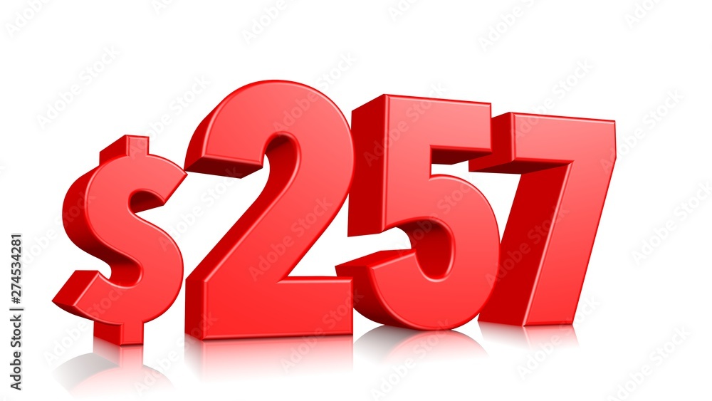 257$ Two hundred and fifty seven price symbol. red text number 3d render with dollar sign on white background 257$ Two hundred and fifty seven price symbol. red text number 3d render with dollar sign on white background