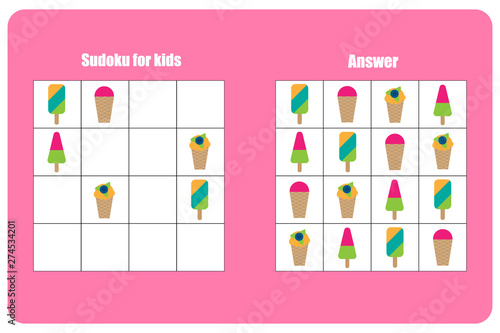 Sudoku game with ice creams for children, easy level, education game for kids, preschool worksheet activity, task for the development of logical thinking, vector illustration