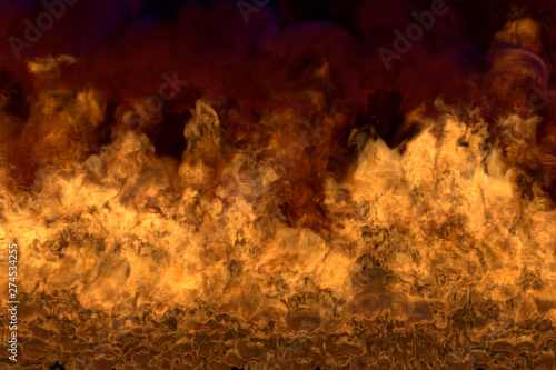 Flame from picture bottom corners - fire 3D illustration of magic melting wild fire, sylized frame with heavy smoke isolated on black