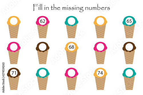 Game with ice creams for children, fill in the missing numbers, middle level, education game for kids, school worksheet activity, task for the development of logical thinking, vector illustration