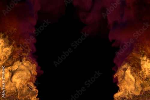 Flame from both picture bottom corners - fire 3D illustration of blazing explosion, frame with heavy smoke isolated on black background