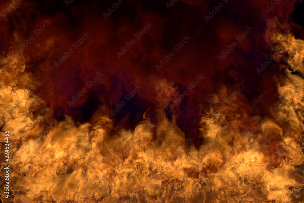 Obraz premium burning mystic fireplace on black background, half frame with dense smoke - fire from the left and right corners and bottom - fire 3D illustration