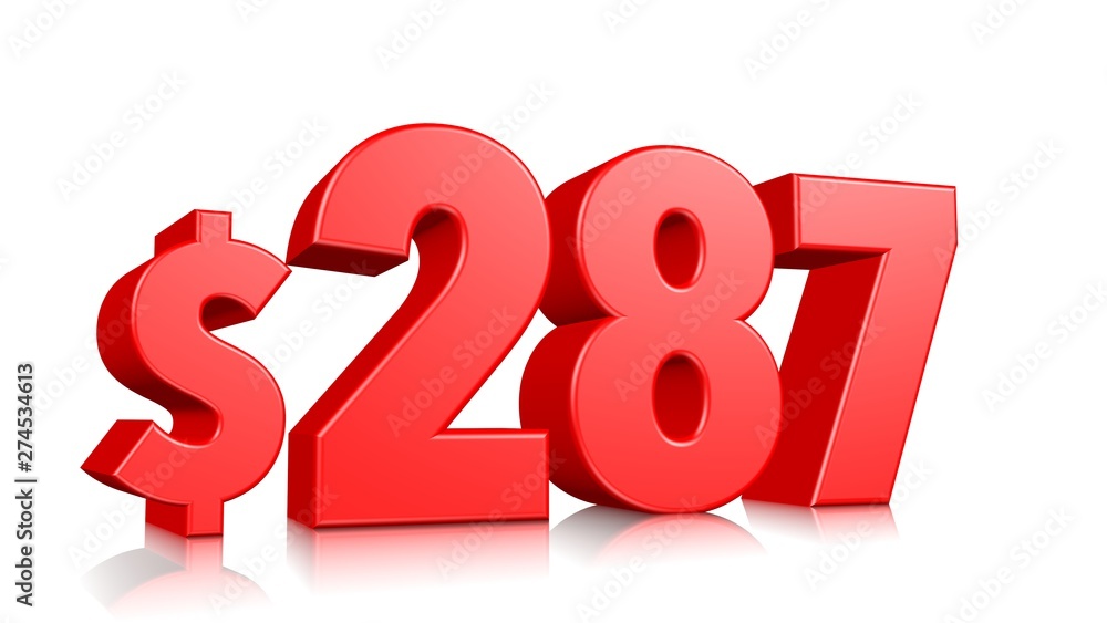287$ Two hundred eighty seven price symbol. red text number 3d render with dollar sign on white background 287$ Two hundred eighty seven price symbol. red text number 3d render with dollar sign on white background