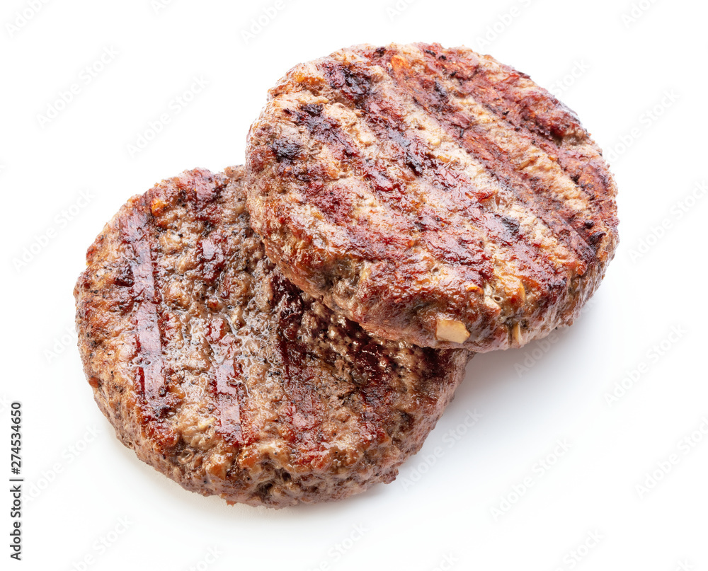 two grilled meat cutlet made of minced beef meat isolated on white background two grilled meat cutlet made of minced beef meat isolated on white background