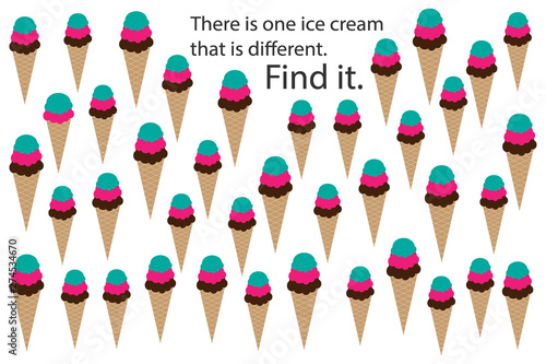 Find ice cream that different, spring fun education puzzle game for children, preschool worksheet activity for kids, task for the development of logical thinking and mind, vector illustration