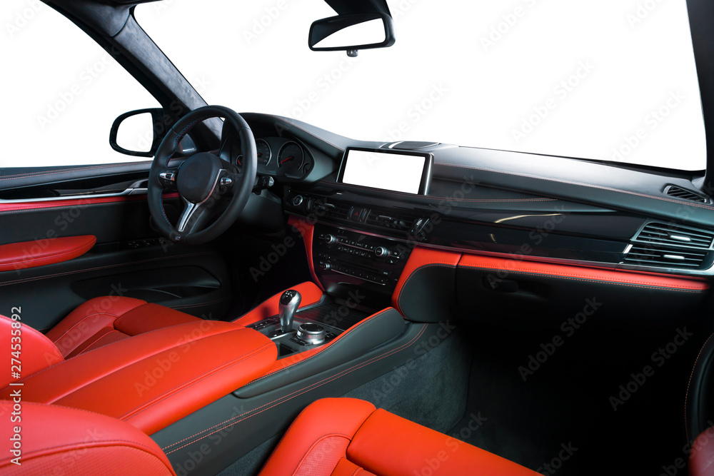 Modern luxury car Interior - steering wheel, shift lever and dashboard ...