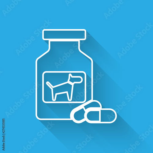 White Dog medicine bottle and pills line icon isolated with long shadow. Container with pills. Prescription medicine for animal. Vector Illustration