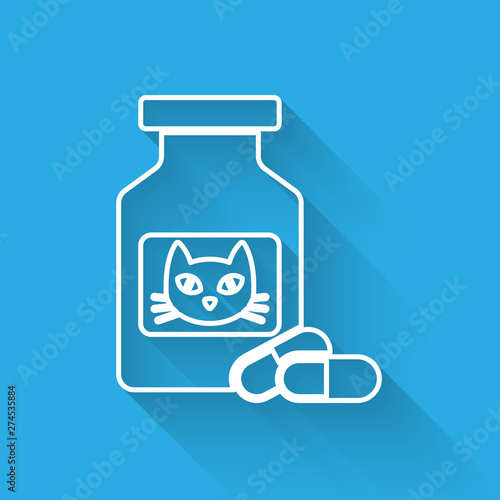 White Cat medicine bottle and pills line icon isolated with long shadow. Container with pills. Prescription medicine for animal. Vector Illustration