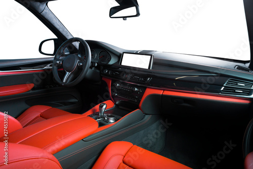 Modern luxury car Interior - steering wheel, shift lever and dashboard. Car interior luxury inside. Steering wheel, dashboard, speedometer, display. Green leather cockpit © gargantiopa
