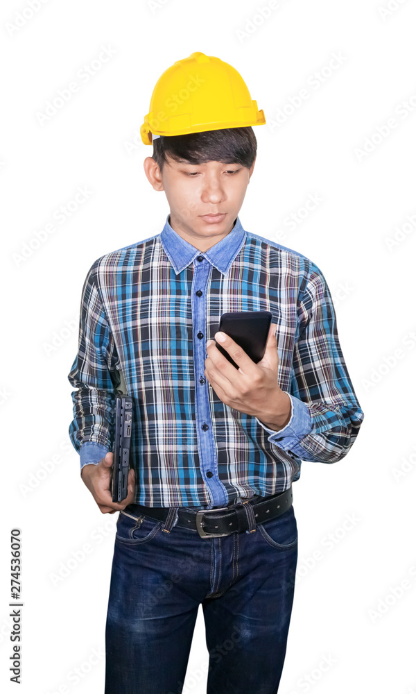Businessman engineer command with cell phone 5g network, high-speed mobile Internet. and hand hold Laptop computer. future technology concept on white background Businessman engineer command with cell phone 5g network, high-speed mobile Internet. and hand hold Laptop computer. future technology concept on white background