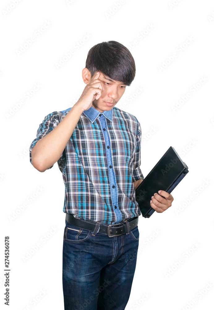 businessman young hold Laptop computer at thinking Ideas strategy working on white background businessman young hold Laptop computer at thinking Ideas strategy working on white background