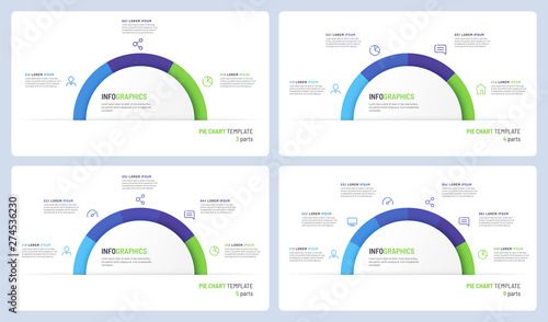Vector pie chart infographic templates in the form of semicircle. 3 4 5 6 parts