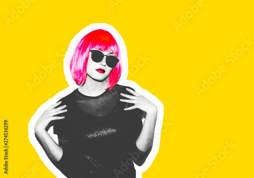 Acid crazy beautiful rock. A girl in a bright pink wig and sunglasses. Dangerous rock party is boring  a woman ironically having fun. Flash style on a colored background. Exclusive