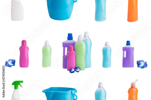 collage of colorful bottles of cleaning products on white background