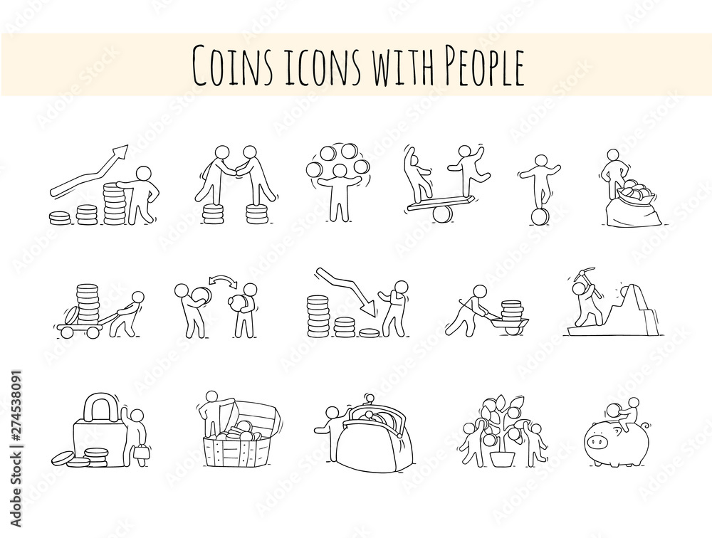 Sketch set with little people and coins Sketch set with little people and coins