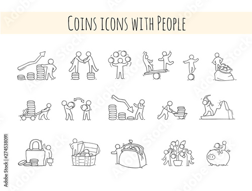 Sketch set with little people and coins